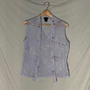 L.J. Freud Lavender Floral Sheer Tie Neck Sleeveless Blouse Women's Size M